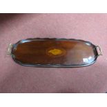An Edwardian Mahogany Inlaid Oval Shaped Tray, with a shaped gallery, shell inlay, twin brass