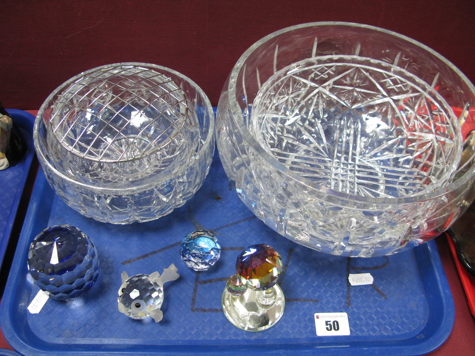 A Swarovski Globular Weight, Swarovski Puffer Fish, lead crystal bowls, rose bowl etc:- One Tray
