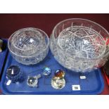 A Swarovski Globular Weight, Swarovski Puffer Fish, lead crystal bowls, rose bowl etc:- One Tray