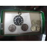 Military Pocketwatch with Doxa Movement (lacing winder), eighteen pounds of UK coinage.