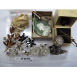 A Pearl Set Bar Brooch, costume earrings, a JA&S enamel bar brooch, ceramic plaque (damaged) coin/