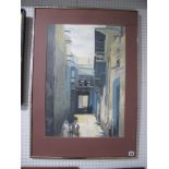 Kuwait School, Tahaelgamal, 'Alleyway Scene with Figures in Sunlight', watercolour 63 x 44cm.