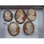 Five Assorted Oval Shell Carved Cameo Brooches, depicting various female profiles, one within