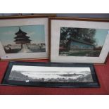 Six Chinese Tinted Landscape Photographs, including Pagoda, Long Corridor, Forbidden City Tile