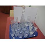 Conical Glass Decanter and Water Jug, five Edinburgh wines, other drinking glasses:- One Tray