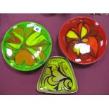Poole Pottery - two circular No '3' dishes in The Aegean Manner, circa 1970's on green and red