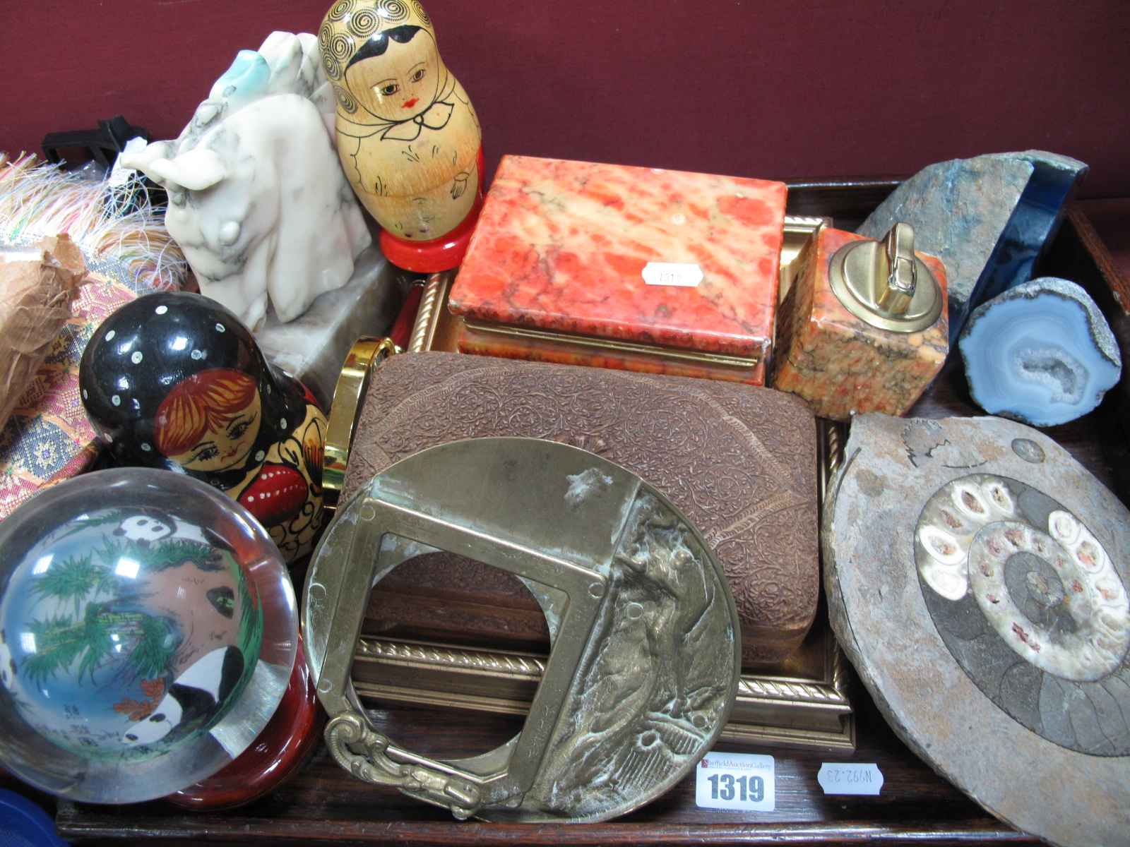 Geological and Fossil Specimens, babushka's Indian carved hardwood box, soapstone horse bust,