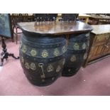 A Double Barrel Bar, decorated with horse brasses, pine top.