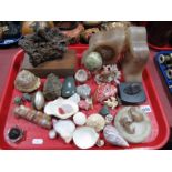 A Quantity of Sea Shells, minerals, alabaster book ends, mother of pearl egg box etc:- One Tray.