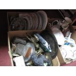 Brassware, boxes, iron terrier, badger doorstop, pottery plates, tureens, vases, glassware, etc:-