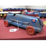 A Mid XX Century Pressed Steel Clockwork Speed Record Car, finished in blue, austerity feel to