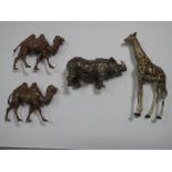 Four 1930's Britains Lead Animals, No. 908 Indian Rhino, two No. 918 Camel and No. 912 Adult