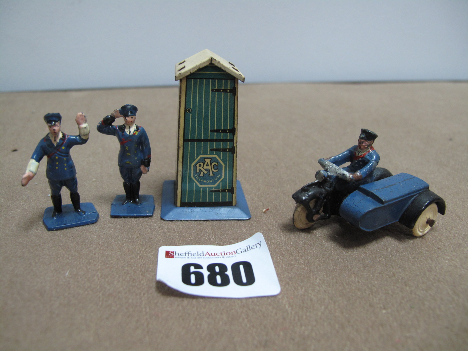 A Pre-War Dinky RAC Set No. 43, comprising hut, motorcycle and two figures, overall very good,