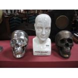 Fowler Phrenology Head, 24.5cm high, two model skulls.