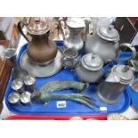 James Dixon Cornish Pewter Three Piece Tea Service, pewter jug, bronzed figure of a peacock etc:-