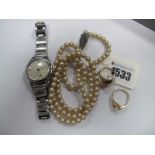 Leonidas Vintage Wristwatch, imitation pearls, dress ring, a 9ct gold signet style ring, etc.
