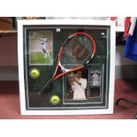 Roger Federer Montage, featuring black pen signature, images of him, Wilson racket, two Slazenger