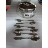 Silver Toped Hair Tidy Jar, set of six continental tea spoons stamped R.U.B 90