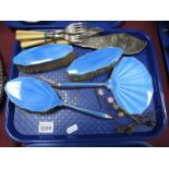 Silver and Enamelled Four Piece Dressing Table Set, fish cutlery with silver ferrules, pickle