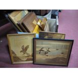 Twelve Marquetry Wooden Wall Plaques, to include dog, birds, floral, landscapes.