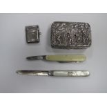 Silver Fruit Knife, silver vesta case, silver box with embossed decoration, pen knife.