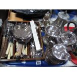 An Electroplated Three Piece Tea Service, sugar castor, coffee pot, wine coaster, loose cutlery,