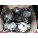 Assorted Plated and Pewter Tea Pots, etc:- One Box