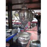 An Early XX Century Plated Twin Handled Lidded Trophy Cup, "Presented by Davie Benzie Esq for