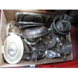 A Mixed Lot of Assorted Plated Ware, including biscuit barrel/caddy, twin handled trophy cup, trays,