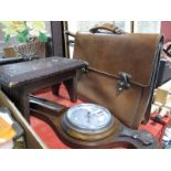 Carved Hardwood Miniature Stool, Salisbury's Tan Leather Briefcase and a carved oak barometer/