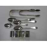 Hallmarked Silver Sugar Tongs, initialled, a smaller pair; a pair of hallmarked silver napkin rings,