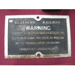 A Southern Railway Cast Iron Railway Sign, ''Warning'' with No Trespass Information. Condition: Very