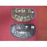 Two Cast Iron LMS Wagon Plates, twelve tons/522331 and twenty one tons/426014, fair condition.