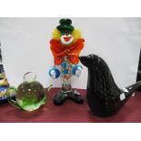 A Murano Style Glass Mottled Black Glass Bird, a Selkirk glass novelty teapot and a coloured glass