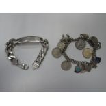 Curb Link Identity Bracelet, stamped "925"; a curb link charm bracelet, suspending coins and charms