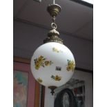 Globular White Glass Ceiling Light, transfer printed will yellow flowers, with brass mounts and