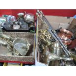 Brass Trivets, fire irons, boot pull, hand carry lamp, chariot, figures, other metal wares:- Two
