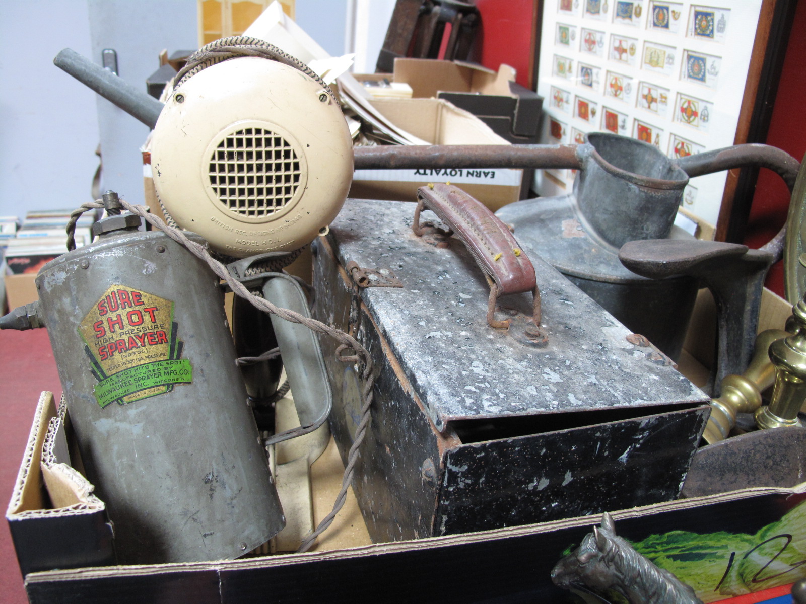 Vintage HMV Hairdryer, 'Vespa' storage tin, watering can, Sure Shot sprayer, cast iron shoe last