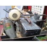 Vintage HMV Hairdryer, 'Vespa' storage tin, watering can, Sure Shot sprayer, cast iron shoe last