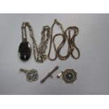 Openwork Pendants, hardstone inset oval pendant, chains etc.