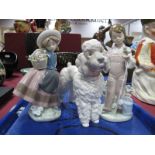 Lladro Pottery Figure Group, Flower Girls B-40 D-12S and Poodle impressed ll-J 14cm high. (3)