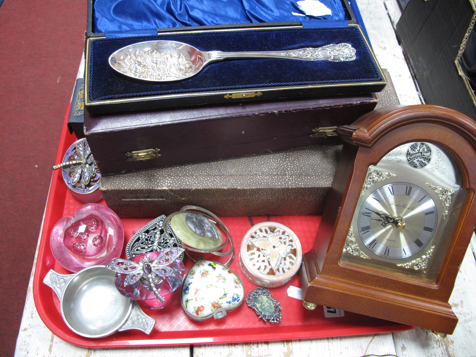 Cased Cutlery, quartz clock, quaiche, trinkets:- One Tray