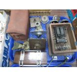 Box Brownie, Bell set P.O. type No. 5 tie press, brass light switches etc:- One Tray