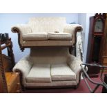 Pair of Regency Style Two Seater Settee, with gold floral upholstery, wooden scroll, arm supports on