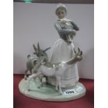 Lladro Pottery Figure Group of Lady with Goats and Kid, impressed '13' 23.5cm high.