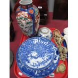 Three Oriental Soapstone Figures, three Japanese blue Imari plates, vase, bowl bearing signature:-