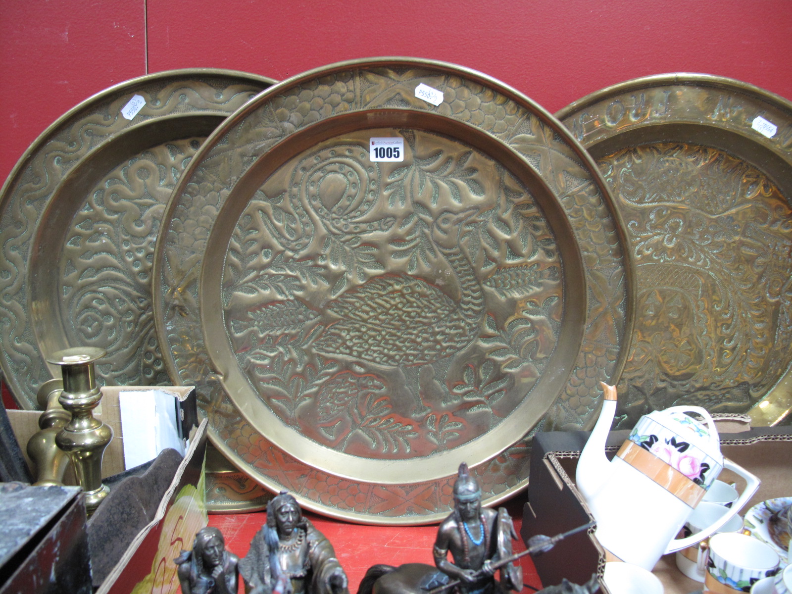 A XIX Century 'Sierra Leone' Brass Charger, 45.5cm diameter, another with Peacock design,