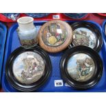 Four XIX Century Prattware Pot Lids, including 'I See You My Boy'. A similar pottery bottle