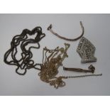 A Guard/Muff Chain, part vintage "9ct and silver" expanding watch bracelet, ornate dress clip, other