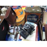 Thornes 'Nutex' and 'Bluebirds' Advertising Tins, Voigtlander folding camera, horn handled bottle